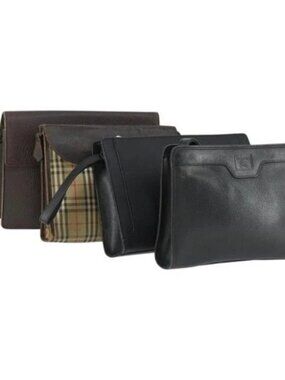 BURBERRY Clutch Bag Leather Canvas 4 Set Black Beige Auth bs32140